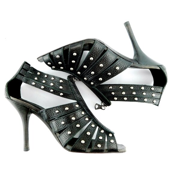 BCBG Maxazria Black Studded Leather Zipper Front Caged Open Toe Sandal Heels 6.5 - Picture 3 of 8